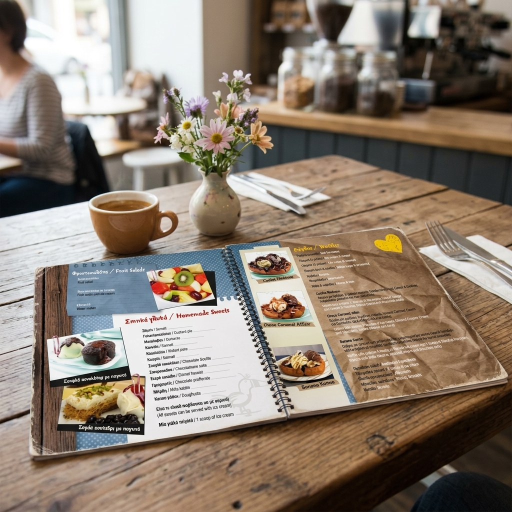 Κατάλογος café με μοντέρνο σχέδιο, ζωντανά χρώματα και εύκολη οργάνωση, κατάλληλος για παρουσίαση φαγητών και ροφημάτων.