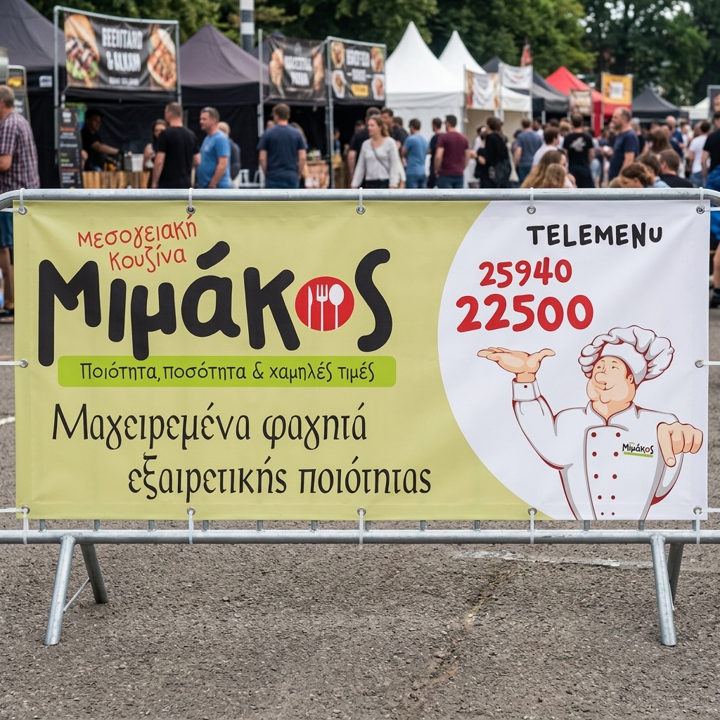    Εκτυπώσεις Banner    Το     banner    αυτό έχει σχεδιαστεί για να είναι οπτικά εντυπωσιακό και ευκρινές από απόσταση. Με έντονα και ζωντανά χρώματα, η διάταξή του (layout) είναι προσεκτικά σχεδιασμένη ώστε να καθοδηγεί το βλέμμα του θεατή. Οι εικόνες και τα γραφικά που χρησιμοποιούνται είναι υψηλής ανάλυσης, προσδίδοντας μία αίσθηση επαγγελματισμού και ελκυστικότητας.    Η γραμματοσειρά που έχει επιλεγεί και η διάταξη του κειμένου είναι ευανάγνωστη, εξασφαλίζοντας ότι το μήνυμα είναι άμεσα κατανοητό από κάθε γωνία. Αυτά τα οπτικά στοιχεία εργάζονται μαζί για να κάνουν το     banner    ακαταμάχητο και αποτελεσματικό στην προβολή του περιεχομένου του.    Υλικό και Αντοχή    Το     banner    είναι τυπωμένο σε μουσαμά, ένα υλικό με εξαιρετική αντοχή, αδιάβροχο και ιδανικό για εξωτερική χρήση. Είναι ανθεκτικό στις καιρικές συνθήκες, διασφαλίζοντας ότι θα παραμείνει σε άριστη κατάσταση για μεγάλο χρονικό διάστημα, χωρίς φθορά.    Ευκολία Τοποθέτησης    Το     banner    αυτό μπορεί να διαθέτει περιμετρικά μπουντούζια ή κρίκους, παρέχοντας ευκολία στην ασφάλισή του σε διάφορα σημεία. Επίσης, μπορεί να γίνει γύρισμα στις άκρες για τη δυνατότητα τοποθέτησης σωλήνα, ενισχύοντας τη σταθερότητα κατά την ανάρτηση.    Χρήσεις για Επαγγελματίες    Αυτό το     banner    είναι ιδανικό για:       Προβολή εκδηλώσεων       Προσφορές σε καταστήματα       Διαφημίσεις σε εξωτερικούς χώρους       Αθλητικές εκδηλώσεις       Πολιτικές καμπάνιες       Εκθέσεις προϊόντων       Εσωτερική σήμανση σε εμπορικά κέντρα      Η έκταση των χρήσεων του είναι τεράστια, κάνοντάς το απαραίτητο σε πολλές περιπτώσεις, όπως στη διαφήμιση παρουσιάσεων σε εμπορικές εκθέσεις και σε αθλητικά γεγονότα ή για την προώθηση φιλανθρωπικών εκδηλώσεων. Το     banner    μπορεί επίσης να χρησιμοποιηθεί για τη σήμανση σε εκπαιδευτικά σεμινάρια, εταιρικά πάρτι και τοποθετήσεις σε μαραθώνιους.    Προσαρμοσμένες Λύσεις    Στο τυπογραφείο μας, μπορούμε να δημιουργήσουμε ένα     banner</strong   