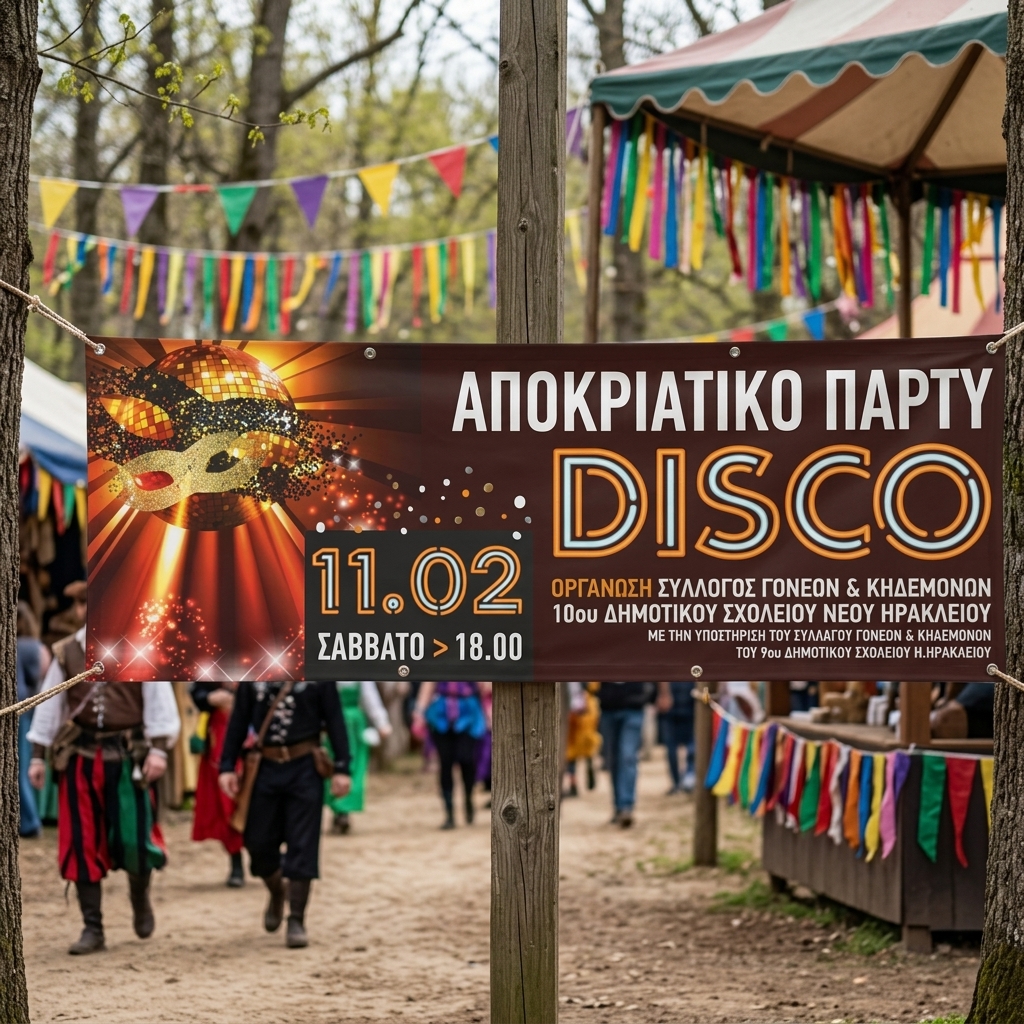    Banner σε Μουσαμά    Το συγκεκριμένο     banner    είναι εκτυπωμένο σε μουσαμά, ένα υλικό με εξαιρετική αντοχή και αδιάβροχες ιδιότητες, ιδανικό για χρήση σε οποιοδήποτε εξωτερικό περιβάλλον. Το έντυπο αυτό προσφέρει μεγάλη διάρκεια ζωής, παραμένοντας ανέπαφο στις πιο προκλητικές καιρικές συνθήκες.    Η χρήση ζωντανών χρωμάτων και δυναμικών σχεδίων καθιστά το     banner    οπτικά εντυπωσιακό. Το layout είναι προσεκτικά σχεδιασμένο ώστε οι πληροφορίες να είναι ευδιάκριτες, με έντονες γραμματοσειρές που διασφαλίζουν ότι το μήνυμα μεταδίδεται άμεσα, ακόμη και από απόσταση. Η εκτύπωση περιλαμβάνει επίσης μοντέρνα γραφικά και εικόνες που προσθέτουν αξία στην οπτική παρουσίαση.    Το banner διαθέτει επιλογές τοποθέτησης, όπως περιμετρικά μπουντούζια ή κρίκους, διευκολύνοντας την ασφαλή ανάρτηση σε διάφορα σημεία. Για επιπλέον σταθερότητα, στις άκρες έχει πραγματοποιηθεί γύρισμα για στηρίξεις σωλήνα.    Αυτό το     banner    είναι ιδανικό για:       Προβολή εκδηλώσεων και προσφορών σε καταστήματα       Εταιρικές εκδηλώσεις και διαφημίσεις σε εξωτερικούς χώρους       Αθλητικές και πολιτικές καμπάνιες       Φιλανθρωπικές εκδηλώσεις και προώθηση εποχιακών προϊόντων       Διαφημίσεις σε εμπορικές εκθέσεις και σήμανση σε εργαστήρια ή εκπαιδευτικά σεμινάρια      Με την εμπειρία μας στις εκτυπώσεις, το τυπογραφείο μας μπορεί να δημιουργήσει ένα     banner    που να ανταποκρίνεται απόλυτα στις ανάγκες σας, στην κατάλληλη διάσταση και με το σχέδιο που επιθυμείτε. 