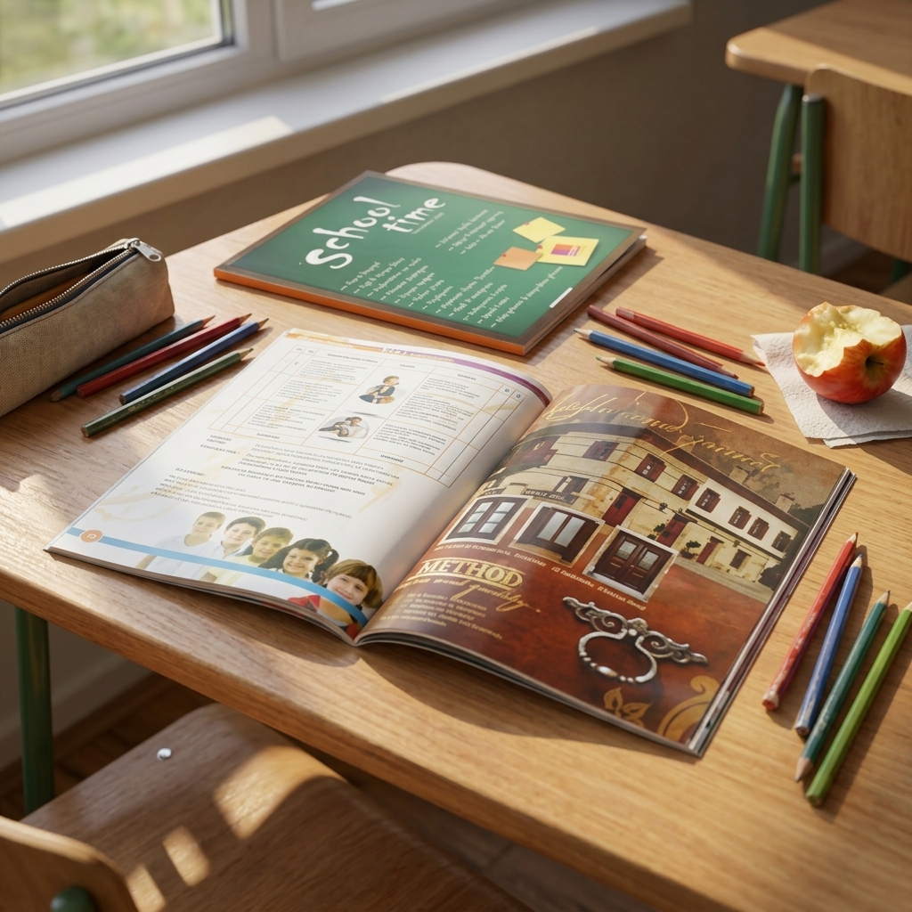 Τρία περιοδικά 'School Time' με διαφορετικές γωνίες και ανοιχτές σελίδες