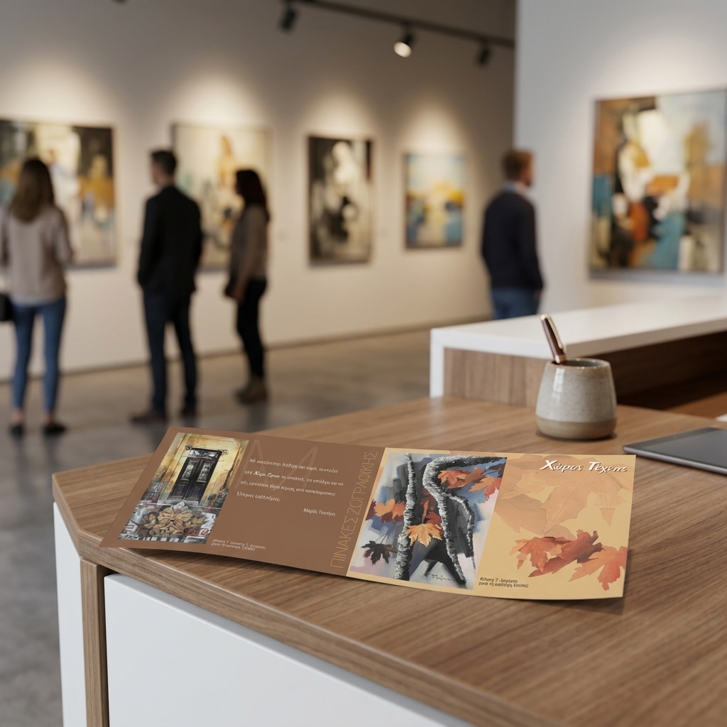 Αυτό το πολύπτυχο έντυπο είναι ιδανικό για προώθηση προϊόντων σε καλλιτεχνικές εκδηλώσεις. Με ζωντανά χρώματα και υψηλής ποιότητας γραφικά, προσαρμόζεται σε κάθε επιχείρηση. Κατάλληλο για γκαλερί τέχνης και εκθέσεις, δημιουργεί εντυπωσιακή παρουσία.