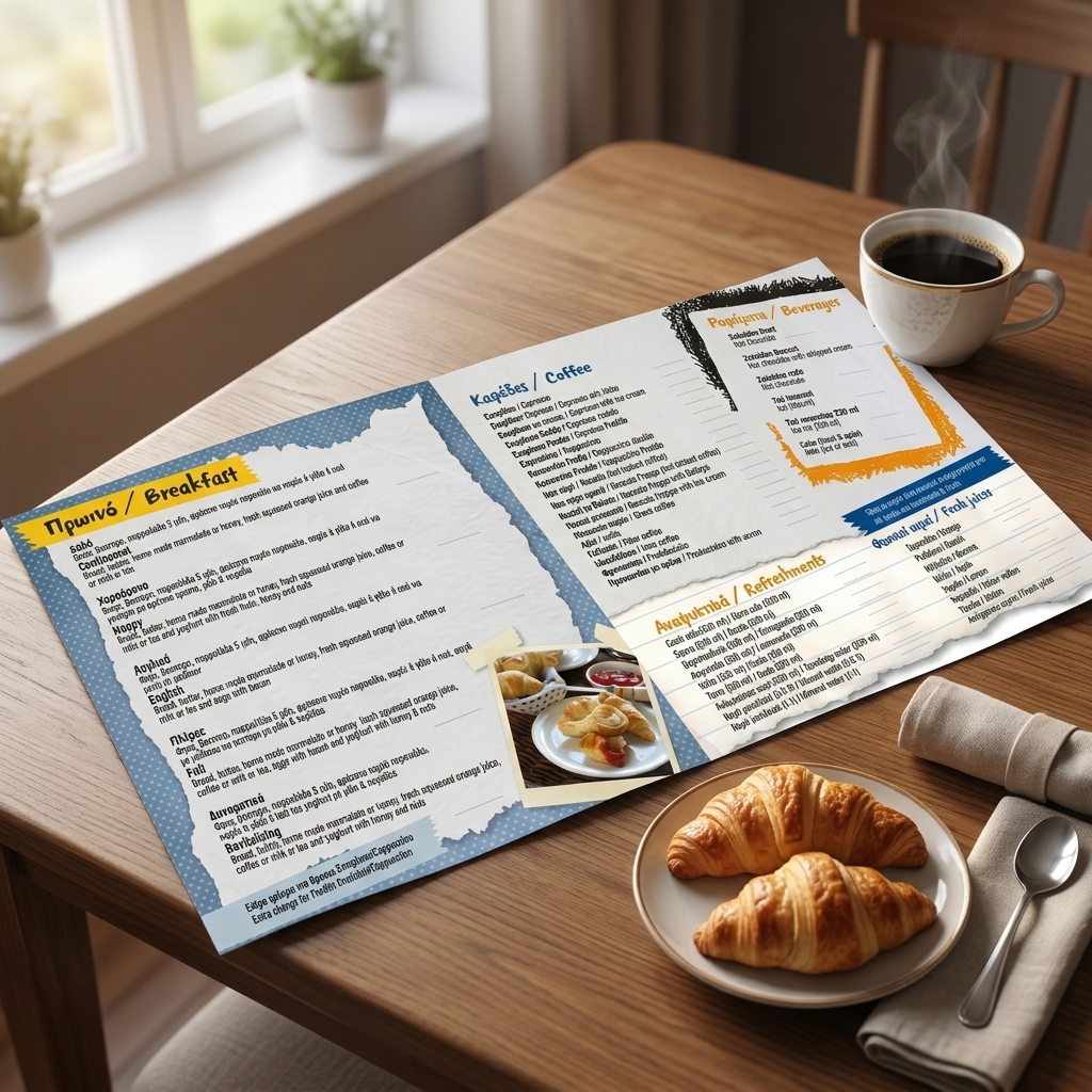 Η μπροσούρα RR76160 είναι σχεδιασμένη για την προώθηση προϊόντων, εκτυπωμένη σε υψηλής ποιότητας χαρτί με φωτεινά χρώματα και ελκυστικά γραφικά. Ιδανική για καφετέριες, ξενοδοχεία και επαγγελματικούς χώρους, προσαρμόζεται εύκολα στις ανάγκες σας. Αναδείξτε τα προϊόντα σας με στυλ και επαγγελματισμό.