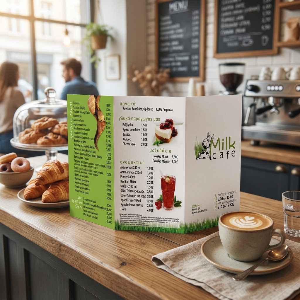 Διαφημιστική μπροσούρα Milk Cafe με ζωντανά χρώματα σε καφέ