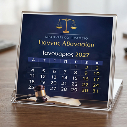 															Επιτραπέζιο Ημερολόγιο σε Πλαστική Θήκη															Το ημερολόγιο μας σε πλαστική θήκη συνδυάζει στυλ και λειτουργικότητα. Τα φύλλα βρίσκονται σε μια διάφανη θήκη που θυμίζει θήκη CD, επιτρέποντας την εύκολη προβολή του μήνα που επιθυμείτε. Οι σελίδες του ημερολογίου είναι έγχρωμες και αποτυπώνουν σχέδια που προσφέρουν μια επαγγελματική εμφάνιση.															Υλικό και Λεπτομέρειες Θήκης															Η θήκη είναι κατασκευασμένη από ανθεκτικό διάφανο πλαστικό, εξασφαλίζοντας ότι το ημερολόγιο θα παραμείνει προστατευμένο και καθαρό καθ'' όλη τη διάρκεια του έτους. Είναι ιδανική για τοποθέτηση σε γραφεία ή άλλες επιφάνειες, προσφέροντας σταθερότητα και ευκολία χρήσης.															Προσαρμογή Λογοτύπου και Στοιχείων															Το ημερολόγιο μπορεί να προσαρμοστεί με το λογότυπο και τα στοιχεία της επιχείρησής σας, δημιουργώντας έναν μοναδικό χαρακτήρα. Η εκτύπωση μπορεί να τονίσει την εταιρική ταυτότητα, ενώ τα σχέδια είναι ευέλικτα ώστε να καλύπτουν τις ανάγκες σας.															Παραδείγματα Χρήσης															Αυτό το ημερολόγιο είναι ιδανικό για γραφεία, καταστήματα ή ως δώρο στους πελάτες και συνεργάτες σας, προβάλλοντας το λογότυπό σας καθημερινά.															Το τυπογραφείο μας μπορεί να δημιουργήσει ένα ημερολόγιο σε πλαστική θήκη προσαρμοσμένο στις ανάγκες σας.               