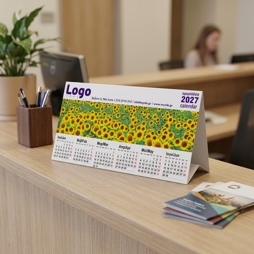 Αυτό το τριγωνικό ημερολόγιο γραφείου 2027 διαθέτει εκτύπωση με ηλιοτρόπια και ποιοτική κατασκευή. Ιδανικό για τοποθέτηση σε επαγγελματικά γραφεία, προσφέρει οργανωτική λειτουργικότητα με στυλ. Η ανθεκτική του κατασκευή εξασφαλίζει μακροχρόνια χρήση.