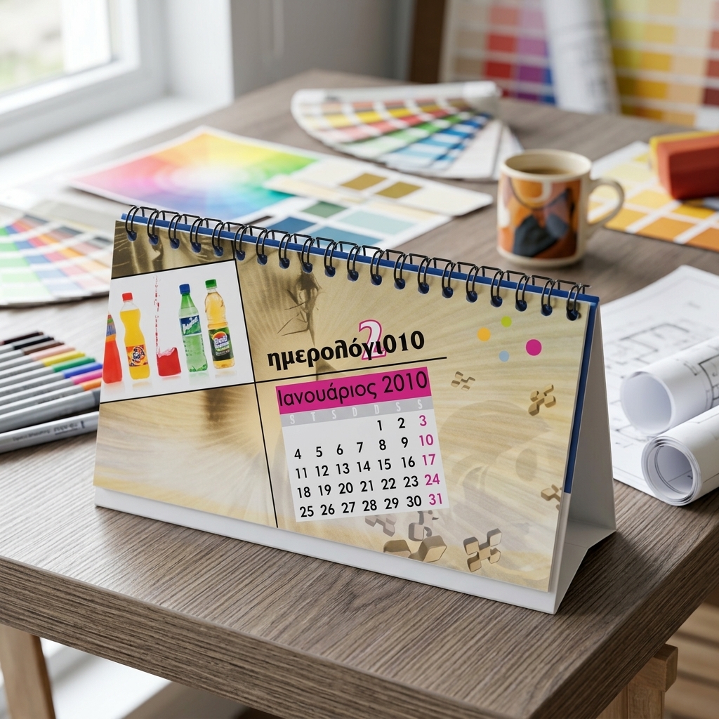 Επιτραπέζιο ημερολόγιο με σπιράλ και έντονα χρώματα σε γραφείο