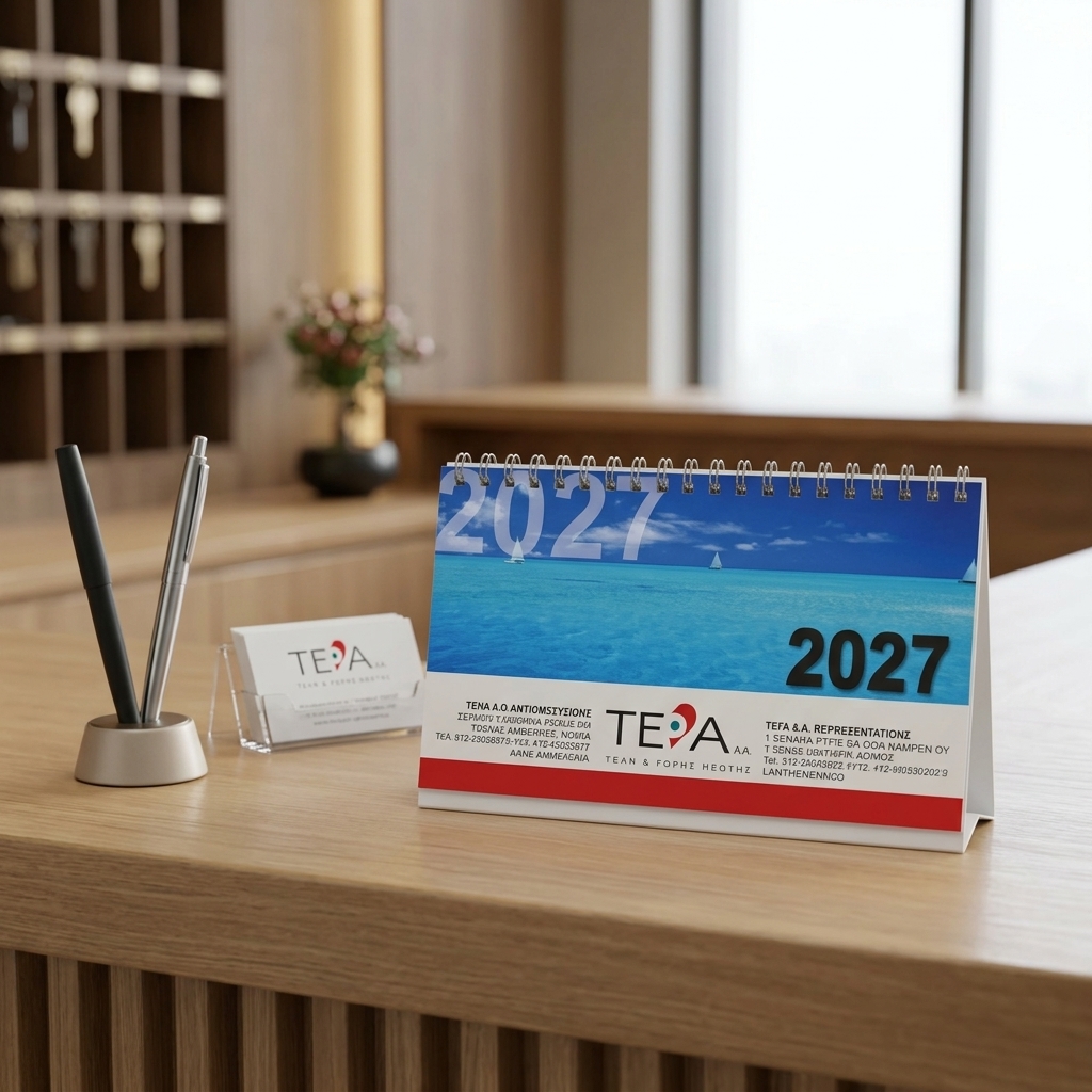 Ανακαλύψτε το επιτραπέζιο ημερολόγιο σπιράλ 2027 με ζωντανά χρώματα και κομψά γραφικά. Ιδανικό για εταιρική χρήση, προσφέρει μοντέρνο σχεδιασμό και διπλές εκτυπώσεις. Προσαρμόστε το με το λογότυπό σας για να ενισχύσετε την εικόνα της επιχείρησής σας.