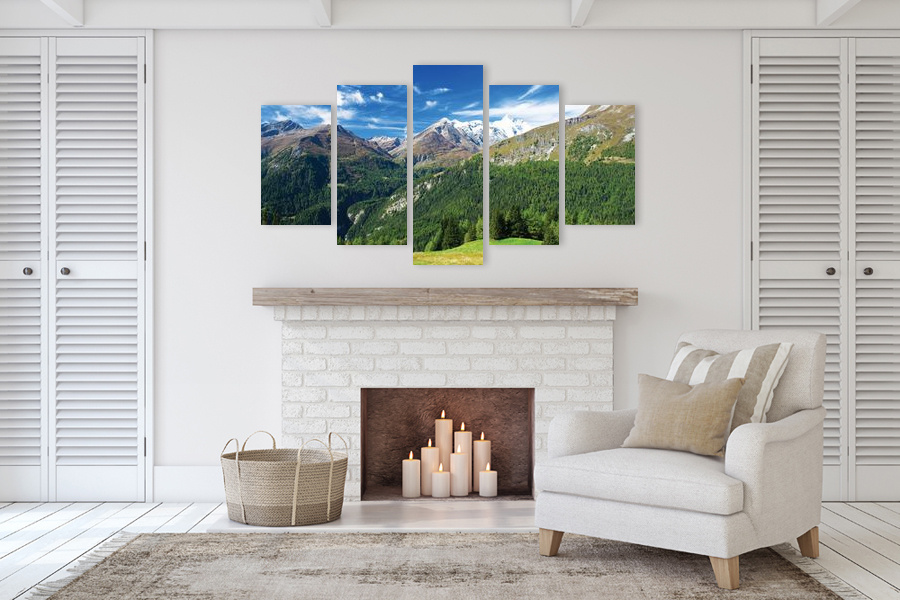 Πίνακας σε καμβά για χώρο που μπορεί να προορίζεται σε σαλόνι, με τοπίο βουνών, αφηρημένο και μοντέρνο στυλ διακόσμησης.