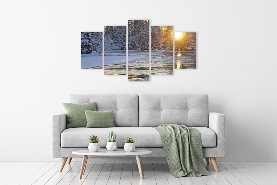 Πίνακας σε καμβά για χώρο που μπορεί να προορίζεται για σαλόνι, τοπίο με ποτάμι και φύση, αφηρημένο στυλ, μοντέρνα διακόσμηση.