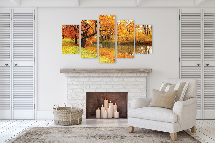 Πίνακας σε καμβά για χώρο που μπορεί να προορίζεται για σαλόνι, με τοπίο ποταμού, αφηρημένο στυλ και μοντέρνα διακόσμηση.