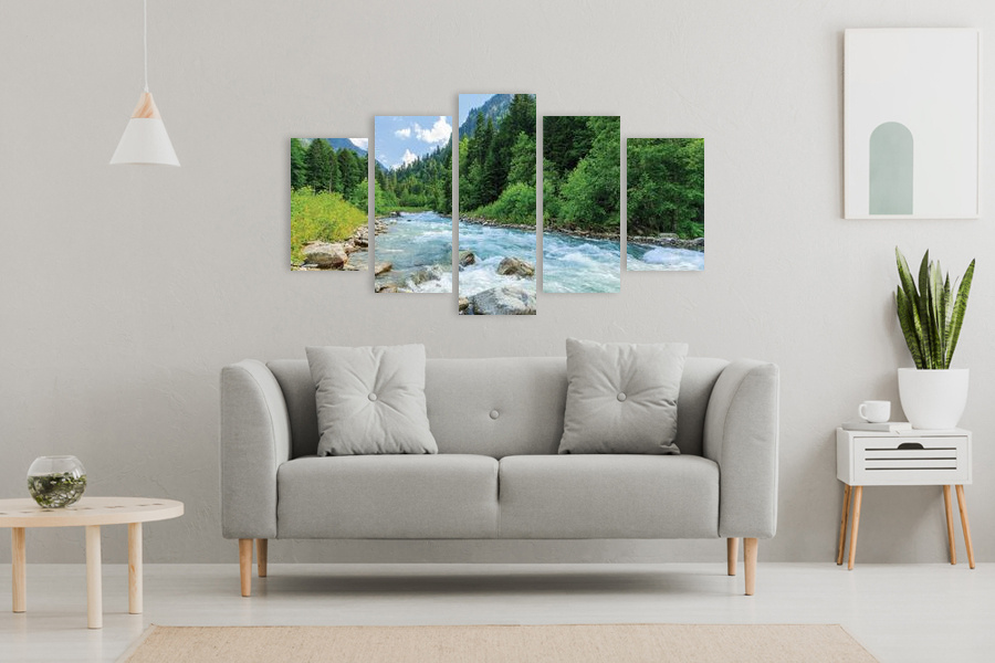 Πίνακας σε καμβά για χώρο που μπορεί να προορίζεται για σαλόνι, με τοπίο ποταμού, αφηρημένο στυλ, μοντέρνα διακόσμηση.
