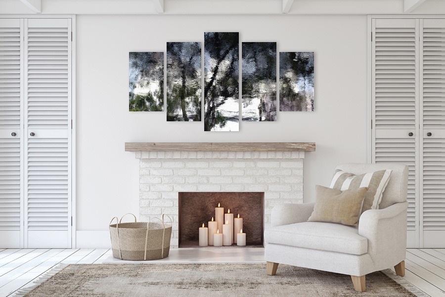 Πίνακας σε καμβά για χώρο που μπορεί να προορίζεται ως σαλόνι, με τοπίο στη φύση, αφηρημένο στυλ και μοντέρνα διακόσμηση.