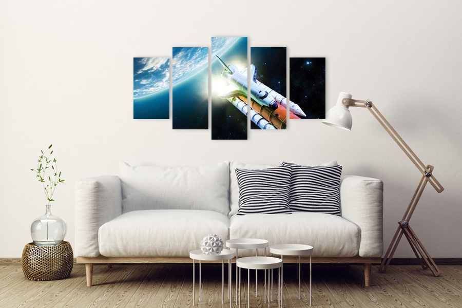 Πίνακας σε καμβά για χώρο που μπορεί να προορίζεται για παιδικό δωμάτιο, με θέμα το διάστημα, σε αφηρημένο στυλ.