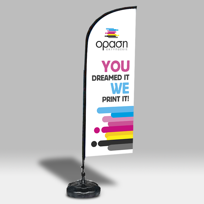 Eco 3m – Flexible Metallic | Flying Banner 70x200 cm						Το Flying Banner Eco 3m είναι μια κομψή και οικονομική λύση για την προβολή της επιχείρησής σας σε εξωτερικούς και εσωτερικούς χώρους. Με ύψος κατασκευής περίπου 3 μέτρα και επιφάνεια εκτύπωσης 70x200 cm, προσφέρει μεγάλο οπτικό πεδίο που τραβά την προσοχή από μακριά.						Ο μεταλλικός, εύκαμπτος σκελετός με καμπύλη κορυφή συνδυάζει ελαφριά κατασκευή με σταθερότητα, ενώ η εκτύπωση σε ανθεκτικό σημαιόπανο εξασφαλίζει ζωντανά χρώματα και διάρκεια σε όλες τις καιρικές συνθήκες. Ιδανικό για επιχειρήσεις, events, beach bars ή καταστήματα που θέλουν να ξεχωρίσουν.																															Για τα Flying Banner μπορείτε να χρησιμοποιήσετε τις παρακάτω επιλογές στήριξης ανάλογα το είδος του Flying Banner και το σημείο που θα θέλατε να το τοποθετήσετε.																											1. Καρφί 61cm							2. Καρφί 51cm με ρότορα 51cm INOX							3. Καρφί 51cm							4. Μεταλλική βάση σταυρός + σαμπρέλα 10L							5. Πλαστική βάση 18L άμμου νερού							6. Μεταλλική βάση 8kg 38 x 38 x 0.8 cm σταθερή υποδοχή 25cm + σαμπρέλα 101 (Συνολικά 19kg)							7. Μεταλλική βάση 8kg 38 x 38 x 0.8 cm σταθερή υποδοχή 25cm + πλαστική βάση 181 (Συνολικά 27kg)							8. Μεταλλική βάση 8kg 38 x 38 x 0.8 cm σταθερή υποδοχή 25cm							9. Μεταλλική βάση 8kg 38 x 38 x 0.8 cm με ρότορα							10. Μεταλλική βάση 4kg 30 x 30 x 0.6 cm							11. Μεταλλική βάση 4kg 30 x 30 x 0.6 cm με ρότορα					        