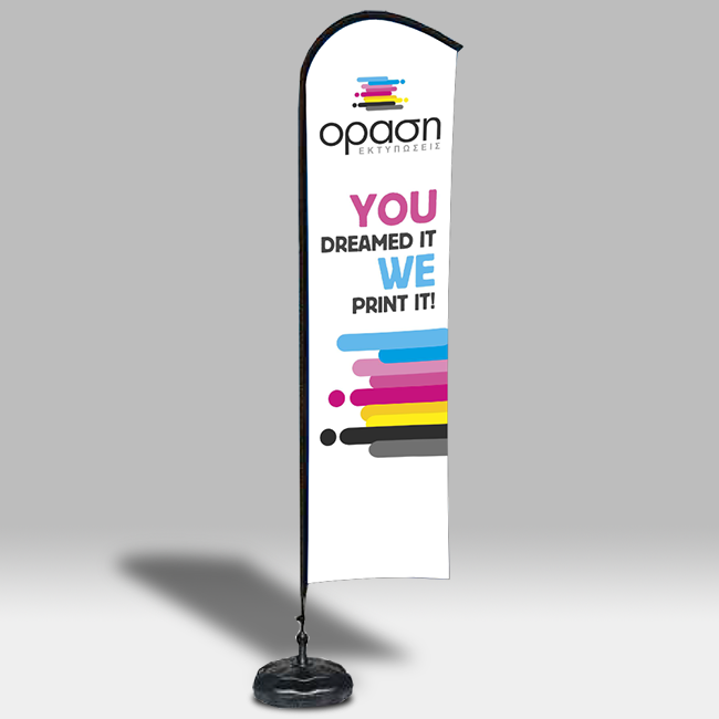 Eco 4m – Flexible Metallic | Flying Banner 75x270 cm					Το Eco Flying Banner ύψους 4 μέτρων με εκτύπωση 75x270 cm προσφέρει μέγιστη ορατότητα και ιδανική παρουσία σε εξωτερικούς χώρους με έντονη κίνηση. Η στενή, καμπυλωτή σχεδίαση αναδεικνύει το μήνυμα χωρίς να καταλαμβάνει πολύ χώρο.																				Ο σκελετός Flexible Metallic συνδυάζει ευελιξία και ανθεκτικότητα, ενώ το σημαιόπανο αναδεικνύει με καθαρότητα κάθε εκτύπωση. Είναι ιδανικό για επιχειρήσεις που θέλουν να ξεχωρίζουν από μακριά.					Για τα Flying Banner μπορείτε να χρησιμοποιήσετε τις παρακάτω επιλογές στήριξης ανάλογα το είδος του Flying Banner και το σημείο που θα θέλατε να το τοποθετήσετε.														1. Καρφί 61cm														2. Καρφί 51cm με ρότορα 51cm INOX														3. Καρφί 51cm														4. Μεταλλική βάση σταυρός + σαμπρέλα 10L														5. Πλαστική βάση 18L άμμου νερού														6. Μεταλλική βάση 8kg 38 x 38 x 0.8 cm σταθερή υποδοχή 25cm + σαμπρέλα 101 (Συνολικά 19kg)														7. Μεταλλική βάση 8kg 38 x 38 x 0.8 cm σταθερή υποδοχή 25cm + πλαστική βάση 181 (Συνολικά 27kg)														8. Μεταλλική βάση 8kg 38 x 38 x 0.8 cm σταθερή υποδοχή 25cm														9. Μεταλλική βάση 8kg 38 x 38 x 0.8 cm με ρότορα														10. Μεταλλική βάση 4kg 30 x 30 x 0.6 cm														11. Μεταλλική βάση 4kg 30 x 30 x 0.6 cm με ρότορα              