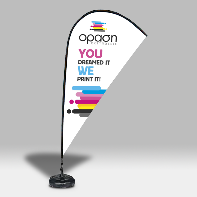										Teardrop 4,5m – Flexible Metallic | Flying Banner 140x260 cm																												Η χαρακτηριστική σταγόνα του Teardrop banner προσφέρει μοναδική αισθητική και μεγάλη επιφάνεια προβολής, ιδανική για έντονες γραφικές συνθέσεις και μηνύματα που τραβούν το βλέμμα. Με εκτύπωση 140x260 cm και συνολικό ύψος 4,5 μέτρα, αποτελεί ιδανική επιλογή για εξωτερικούς χώρους με έντονη κίνηση.																Ο ελαφρύς μεταλλικός σκελετός και το σημαιόπανο αντέχουν στον άνεμο, διατηρώντας το σχήμα και την ευκρίνεια του μηνύματος. Ενδείκνυται για εκθέσεις, παραλίες, καταστήματα και events.																Για τα Flying Banner μπορείτε να χρησιμοποιήσετε τις παρακάτω επιλογές στήριξης ανάλογα το είδος του Flying Banner και το σημείο που θα θέλατε να το τοποθετήσετε.																						1. Καρφί 61cm																						2. Καρφί 51cm με ρότορα 51cm INOX																						3. Καρφί 51cm																						4. Μεταλλική βάση σταυρός + σαμπρέλα 10L																						5. Πλαστική βάση 18L άμμου νερού																						6. Μεταλλική βάση 8kg 38 x 38 x 0.8 cm σταθερή υποδοχή 25cm + σαμπρέλα 101 (Συνολικά 19kg)																						7. Μεταλλική βάση 8kg 38 x 38 x 0.8 cm σταθερή υποδοχή 25cm + πλαστική βάση 181 (Συνολικά 27kg)																						8. Μεταλλική βάση 8kg 38 x 38 x 0.8 cm σταθερή υποδοχή 25cm																						9. Μεταλλική βάση 8kg 38 x 38 x 0.8 cm με ρότορα																						10. Μεταλλική βάση 4kg 30 x 30 x 0.6 cm																						11. Μεταλλική βάση 4kg 30 x 30 x 0.6 cm με ρότορα																				                       