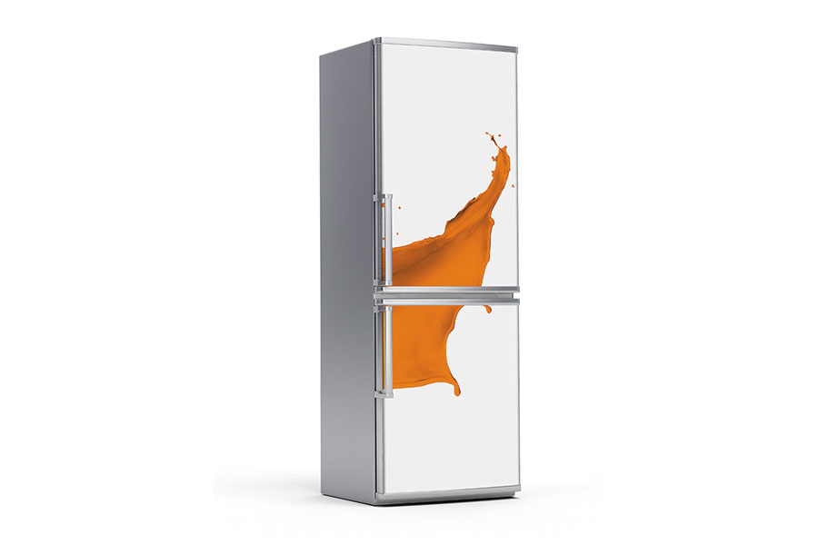 Υφασμάτινο αυτοκόλλητο ψυγείου που απεικονίζει πορτοκαλί μπογιά στον αέρα. Είναι ανθεκτικό και κολλάει και ξεκολλάει εύκολα.Μπορείτε να μας ζητήσετε να εκτυπωθεί σε ότι διάσταση θέλετε. Το θέμα προσαρμόζεται ανάλογα στη διάσταση που θέλετε.Το παράδειγμα που παρουσιάζουμε στην απομονωμένη εικόνα του θέματος αφορά ψυγείο με διάσταση 75cm πλάτος x 200cm ύψος.