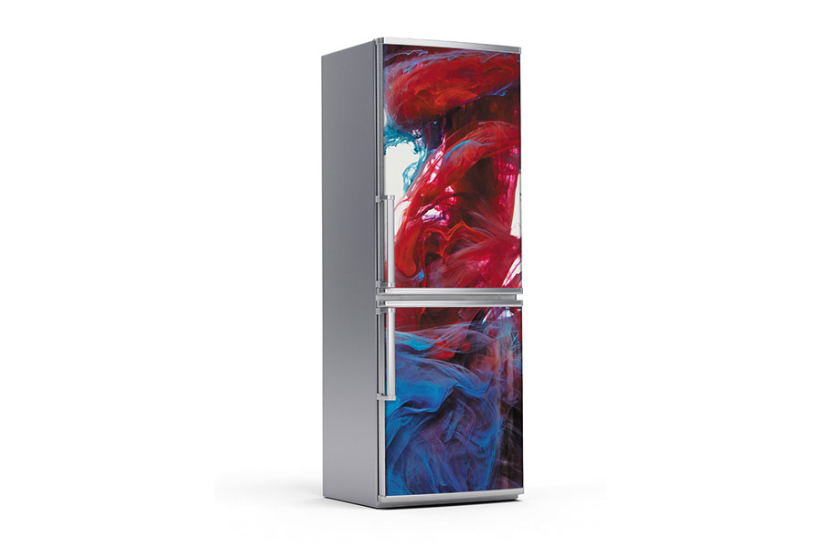 Υφασμάτινο αυτοκόλλητο ψυγείου που απεικονίζει μπλε και κόκκινο χρώμα να διαλύονται μέσα σε νερό.Είναι ανθεκτικό και κολλάει και ξεκολλάει εύκολα.Μπορείτε να μας ζητήσετε να εκτυπωθεί σε ότι διάσταση θέλετε. Το θέμα προσαρμόζεται ανάλογα στη διάσταση που θέλετε.Το παράδειγμα που παρουσιάζουμε στην απομονωμένη εικόνα του θέματος αφορά ψυγείο με διάσταση 75cm πλάτος x 200cm ύψος.