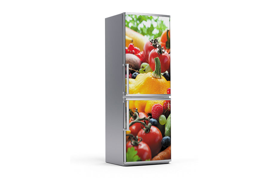 Υφασμάτινο αυτοκόλλητο ψυγείου που απεικονίζει διάφορα λαχανικά και φρούτα.Είναι ανθεκτικό και κολλάει και ξεκολλάει εύκολα.Μπορείτε να μας ζητήσετε να εκτυπωθεί σε όποιες διαστάσεις θέλετε. Το θέμα προσαρμόζεται αναλογικά στις διαστάσεις που θέλετε.Το παράδειγμα που παρουσιάζουμε στην απομονωμένη εικόνα του θέματος αφορά ψυγείο με διαστάσεις 75cm πλάτος x 200cm ύψος.