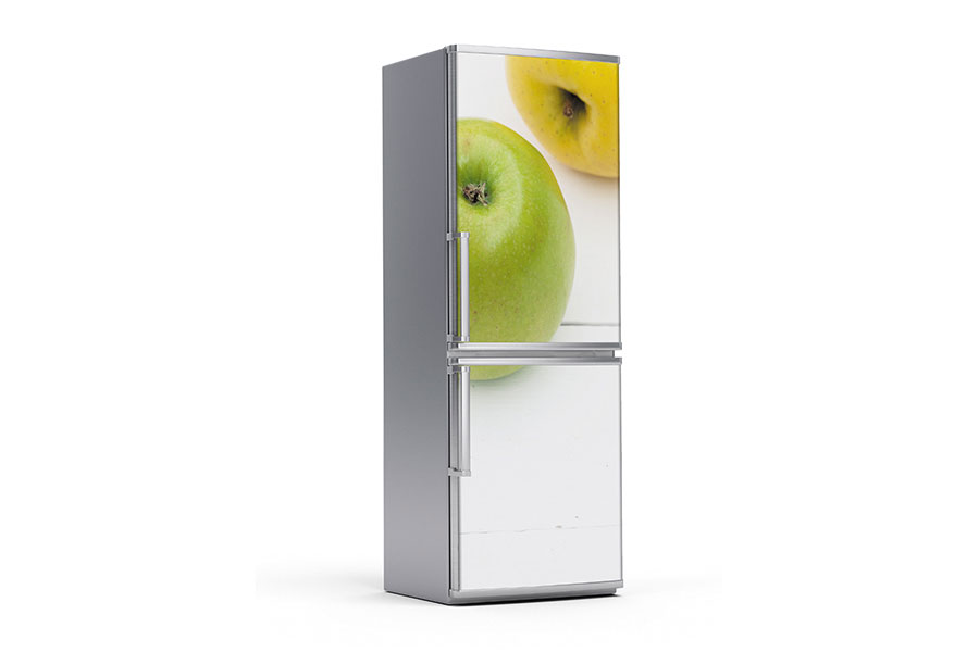 Υφασμάτινο αυτοκόλλητο ψυγείου που απεικονίζει δύο μήλα πάνω σε ξύλινη επιφάνεια.Είναι ανθεκτικό και κολλάει και ξεκολλάει εύκολα.Μπορείτε να μας ζητήσετε να εκτυπωθεί σε όποιες διαστάσεις θέλετε. Το θέμα προσαρμόζεται αναλογικά στις διαστάσεις που θέλετε.Το παράδειγμα που παρουσιάζουμε στην απομονωμένη εικόνα του θέματος αφορά ψυγείο με διαστάσεις 75cm πλάτος x 200cm ύψος.
