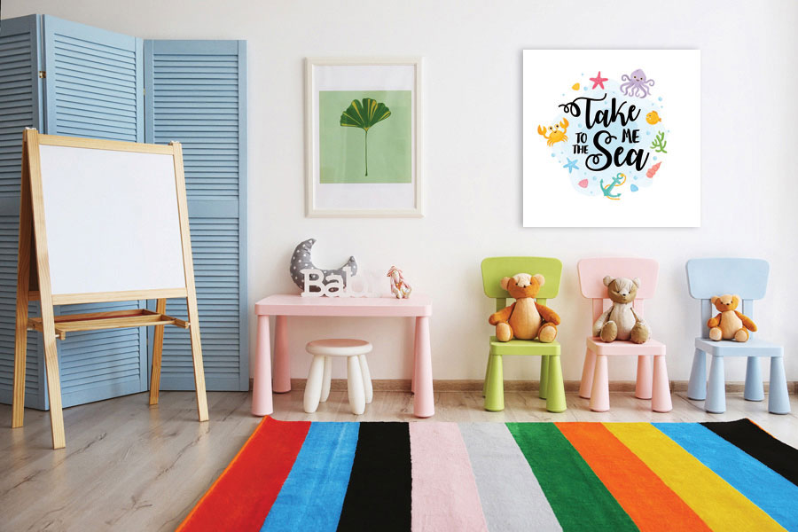 Πίνακας σε καμβά για παιδικό δωμάτιο, με παιδικές εικόνες σε αφηρημένο στυλ, κατάλληλος για μοντέρνα διακόσμηση.