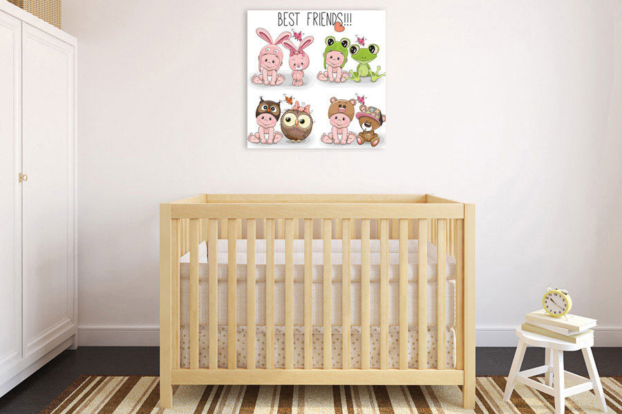 Πίνακας σε καμβά για παιδικό δωμάτιο, με ζωηρά χρώματα και παιδικά σχέδια, σε μοντέρνο στυλ διακόσμησης.