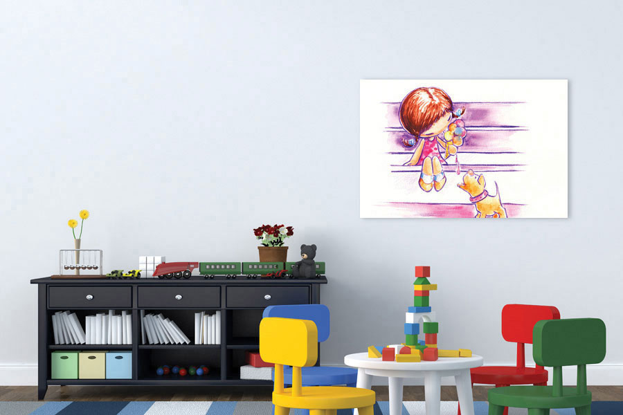 Πίνακας σε καμβά για παιδικό δωμάτιο, με ζωηρές εικόνες και ρεαλιστικό στυλ, σε μοντέρνα διακόσμηση.