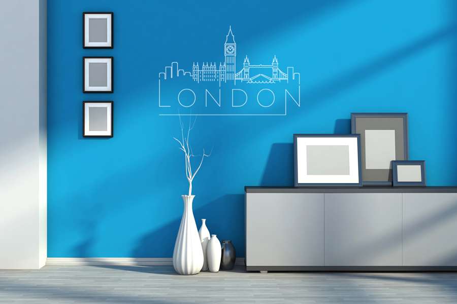 Αυτοκόλλητο τοίχου από βινύλιο που απεικονίζει περιγράμματα από το Big Ben, την γέφυρα των πύργων και κτίρια, με το λεκτικό 