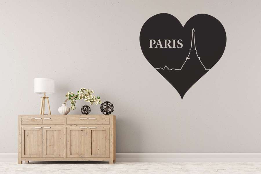 Αυτοκόλλητο τοίχου από βινύλιο που απεικονίζει μια καρδιά που μέσα της υπάρχει περίγραμμα του πύργου του Eiffel και το λεκτικό 