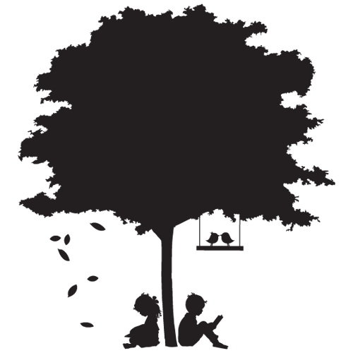 Αυτοκόλλητο τοίχου από βινύλιο που απεικονίζει ένα δέντρο με πυκνό φύλλωμα με δύο παιδιά να κάθονται δίπλα στον κορμό και μια κούνια με δύο πουλιά. Είναι ανθεκτικό και κολλάει και ξεκολλάει εύκολα.Μπορείτε να μας ζητήσετε να εκτυπωθεί σε ότι διάσταση και χρώμα θέλετε.   