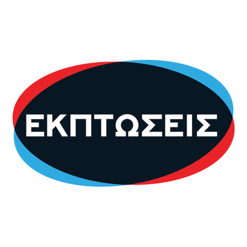 Αυτοκόλλητο βιτρίνας από βινύλιο που απεικονίζει δύο γεωμετρικά σχήματα, ένα κόκκινο και ένα μπλε. Στο σημείο που συμπίπτουν προκύπτει ένα μαύρο φόντο. Στο κέντρο υπάρχει η λέξη