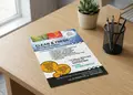 Flyer προώθησης με μπλε και κίτρινες αποχρώσεις, καλαίσθητο layout και ευανάγνωστο κείμενο για προσφορές.