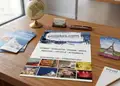 Έντονο flyer προώθησης υπηρεσιών με μπλε και πορτοκαλί χρώματα, ελκυστικά γραφικά και σαφή μηνύματα.