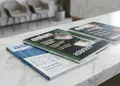 Στοίβα περιοδικών με ακριβές εξώφυλλο σε τραπεζάκι, φωτεινό περιβάλλον.
