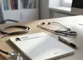 Συνταγολόγιο γιατρών με μπλε και λευκές αποχρώσεις, οργανωμένα πεδία για καταγραφή συνταγών.