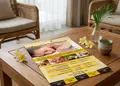 Flyer εκτύπωσης με ζωντανά χρώματα, καθαρή διάταξη και σύγχρονες γραμματοσειρές για προώθηση προσφορών.