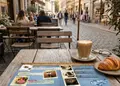 Κατάλογος café με κομψό σχέδιο, ζωντανά χρώματα και οργανωμένη διάταξη για πιάτα και ροφήματα.