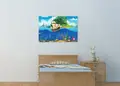 Πίνακας σε καμβά για παιδικό δωμάτιο, με ζωγραφισμένα παιδικά θέματα σε αφηρημένο στυλ, κατάλληλος για μοντέρνα διακόσμηση.