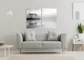 Πίνακας σε καμβά για μοντέρνο χώρο, με ασπρόμαυρη εικόνα, αφηρημένο στυλ και minimal διακόσμηση.
