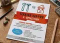 Flyer για επιχείρηση με φωτεινά χρώματα, πρωτοποριακή διάταξη και στρατηγικά τοποθετημένες εικόνες.