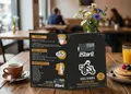 Κατάλογος café με μοντέρνα διάταξη, ευχάριστους χρωματικούς συνδυασμούς και προσαρμοσμένο λογότυπο.