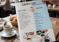 Κατάλογος café σε ζωντανά χρώματα με κομψά γραφικά, ιδανικός για την παρουσίαση ροφημάτων και φαγητών.