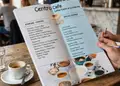 Κατάλογος café σε ζωντανά χρώματα με κομψά γραφικά, ιδανικός για την παρουσίαση ροφημάτων και φαγητών.